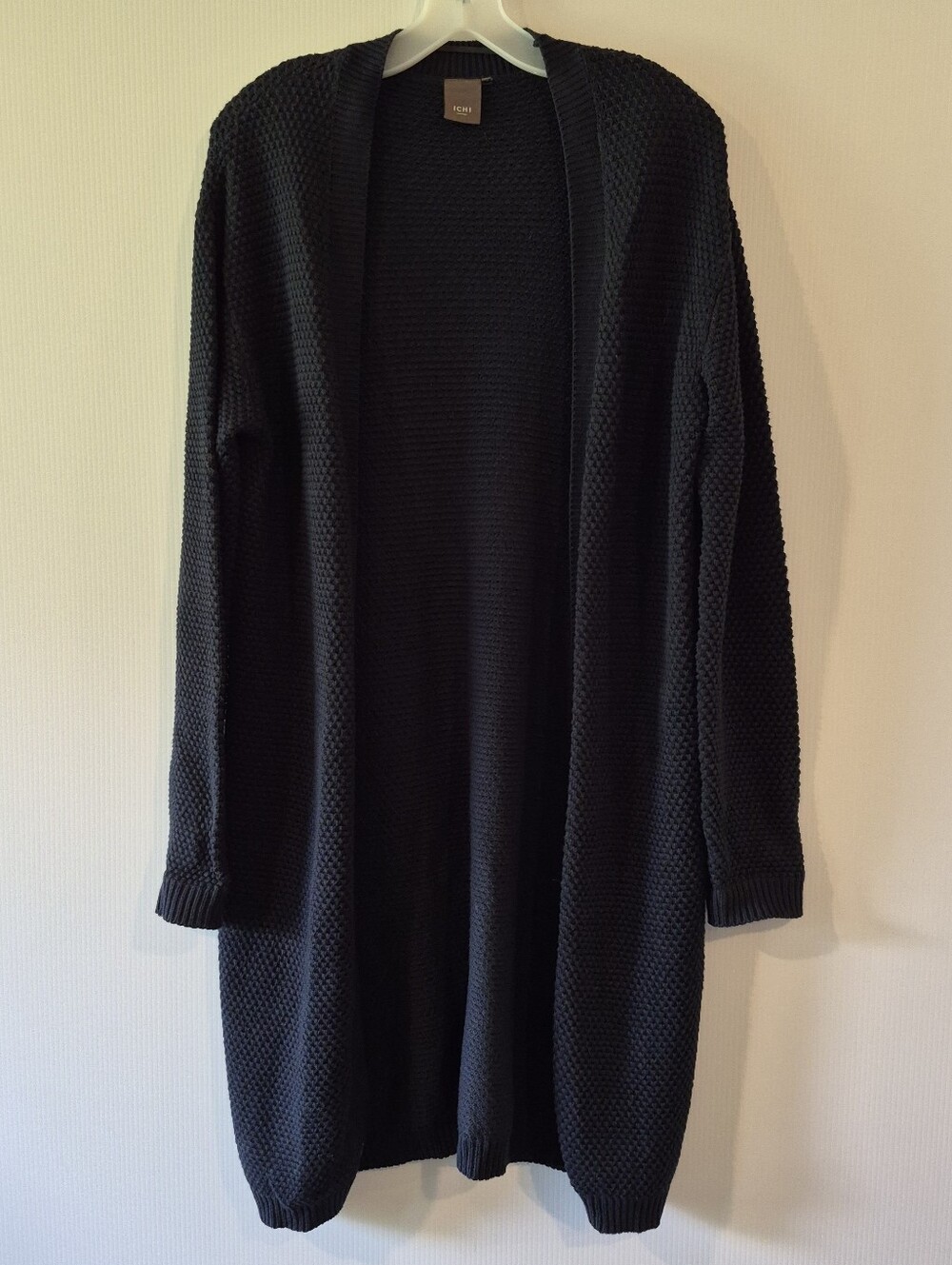 Ichi Dark Navy Textured Waffle Knit Open Front Longline Duster Cardigan